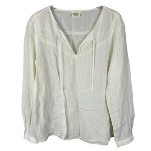 Hartford White Linen Long Sleeve Tassle Tie Bohemian Casual Americana Top M